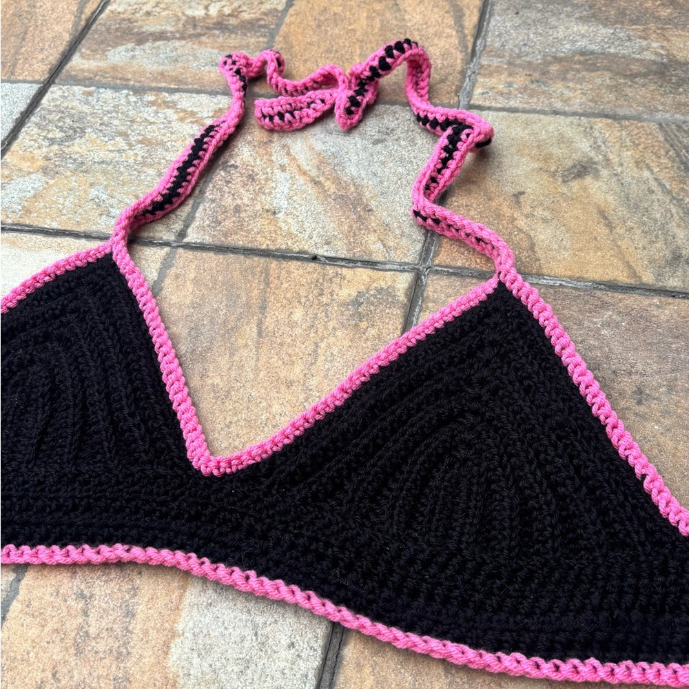 Handmade Crochet Bralette | Black & Pink | Adjustable Tie Swimwear | Halter Top